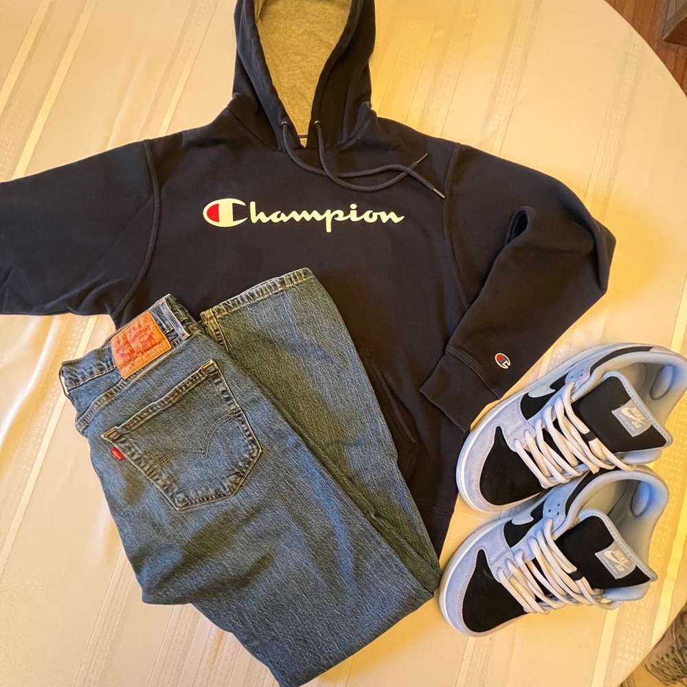 Champion Dark Blue Power blend Hoodie, Full Script Logo size L